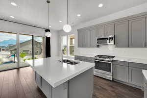 Kitchen featuring gray cabinets, stainless steel appliances, dark wood-style floors, tasteful backsplash, and light countertops