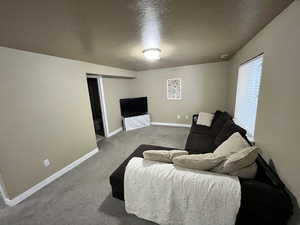 Living area featuring carpet flooring and baseboards