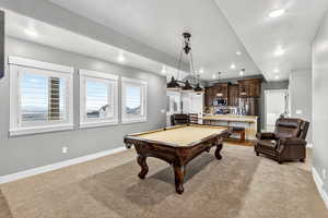 Game room featuring recessed lighting, billiards table, and light colored carpet