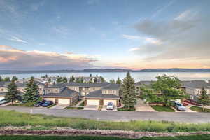 Aerial view of residential area with a large body of water