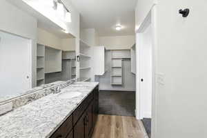 Bathroom featuring wood finished floors and vanity