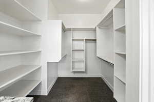 Walk in closet featuring dark carpet