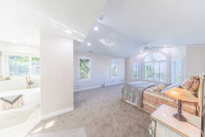 Bedroom with crown molding, carpet, recessed lighting, lofted ceiling, and ceiling fan
