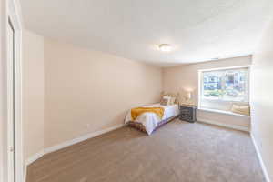Bedroom with carpet flooring and a textured ceiling