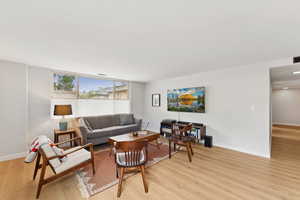 Living room featuring light real hardwood floors.