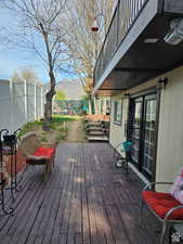 Deck with a fenced backyard