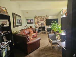 Carpeted living room with a fireplace