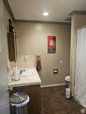 Full bathroom featuring vanity, tasteful backsplash, a shower with curtain, and recessed lighting