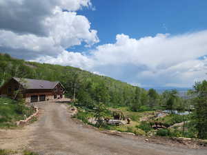 View of dirt / gravel road with a wooded view