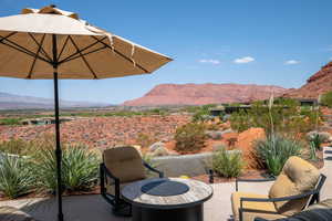 View of patio featuring a mountain view