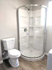 Bathroom with wood finished floors and a stall shower