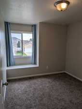 Carpeted empty room featuring a textured ceiling and baseboards