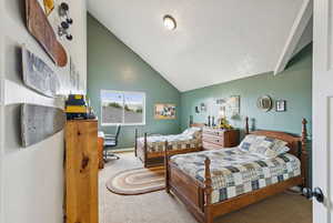 Bedroom featuring carpet flooring and lofted ceiling