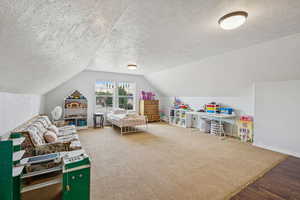 Playroom with a textured ceiling, vaulted ceiling, and wood finished floors