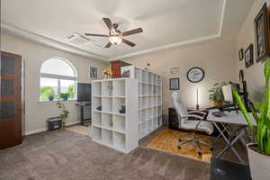 Office featuring ceiling fan and carpet floors