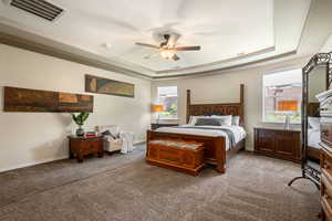 Carpeted bedroom featuring a raised ceiling and a ceiling fan
