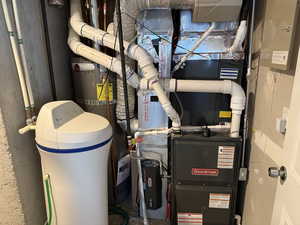 Utilities featuring heating unit, water heater and soft water unit