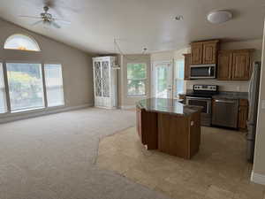 Kitchen featuring stainless steel appliances, ceiling fan, open floor plan, a center island, and light carpet