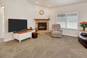 Family room with gas fireplace.