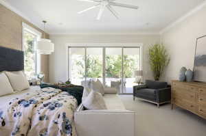 Bedroom with light carpet, crown molding, multiple windows, ceiling fan, and access to outside