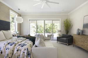 Bedroom with multiple windows, access to outside, crown molding, light carpet, and a ceiling fan