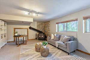 Living area featuring a wood stove, healthy amount of natural light, and light colored carpet