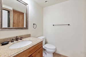 Bathroom with vanity, a textured wall, and wood finished floors