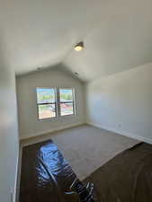 Additional living space featuring carpet flooring and lofted ceiling