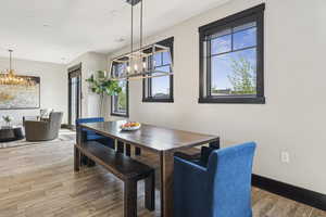 Dining area featuring a chandelier, plenty of natural light, and wood finished floors
