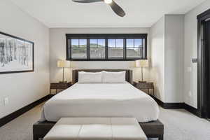Bedroom with carpet flooring and ceiling fan