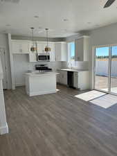 Kitchen with decorative backsplash, healthy amount of natural light, stainless steel appliances, light wood-style flooring, and pendant lights!