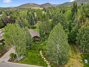 Aerial view of property and surrounding area with a mountain backdrop