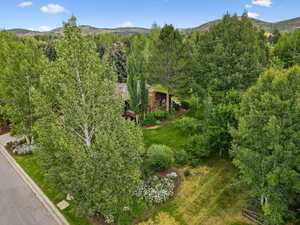 Aerial view of property and surrounding area featuring a mountainous background
