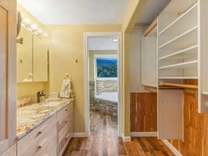Full bath with wood finished floors, vanity, and a garden tub