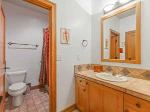 Bathroom featuring vanity, decorative backsplash, and a shower with shower curtain