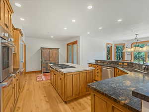 Kitchen featuring a spacious island, light wood-style flooring, stainless steel appliances, brown cabinets, and recessed lighting