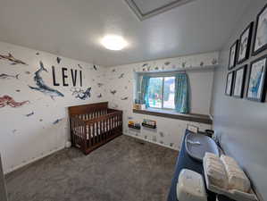 Carpeted bedroom featuring a nursery area and a textured ceiling
