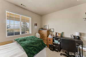 Carpeted bedroom with an office area