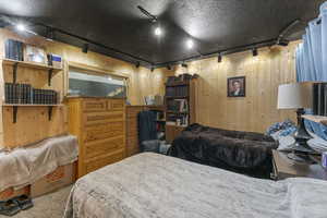 Carpeted bedroom featuring track lighting and wooden walls