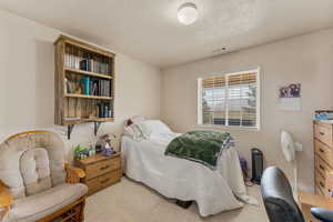 Bedroom with light colored carpet and a textured ceiling