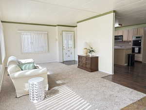 Living room with new carpet.