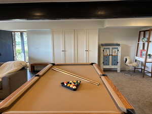Game room featuring billiards table and storage closets