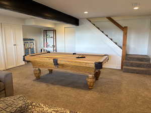 Rec room featuring carpet floors, storage closets and access to laundry/utility room