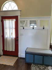 Mudroom featuring dark wood-style floors and plenty of natural light