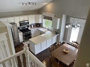 Kitchen with stainless steel appliances, light countertops, dark wood-type flooring, white cabinets, and a peninsula