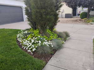 View of yard featuring a garage