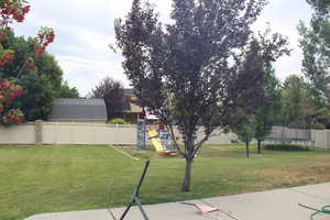 Backyard featuring a trampoline, a playground, and a patio