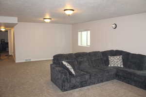 Carpeted living area with a textured ceiling and baseboards