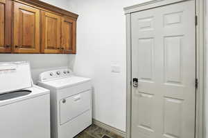 Laundry area with separate washer and dryer and cabinet space