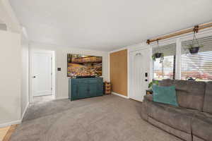 Living room featuring a textured ceiling, light carpet, and crown molding